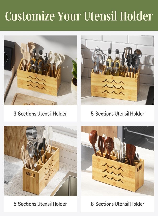 Kcrystenia Large Kitchen Utensil Holder for Countertop, 8 Adjustable Compartments Cooking Utensil Holder Organizer, Bamboo Silverware Caddy with Absorbing Stone Drying Mat for Kitchen Counter - Image 4
